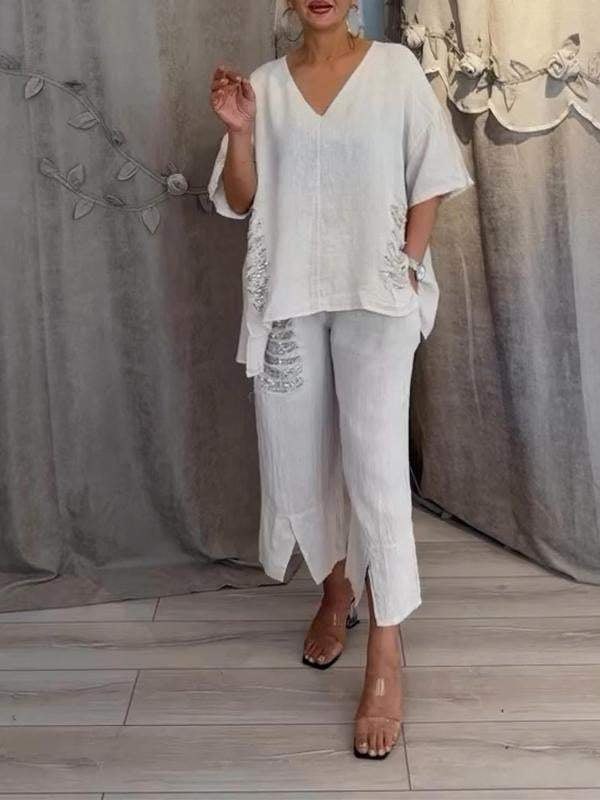 Cleo Women's Two-Piece Set Wide Leg Pants V-Neck Top in White
