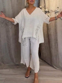 Cleo Women's Two-Piece Set Wide Leg Pants V-Neck Top in White
