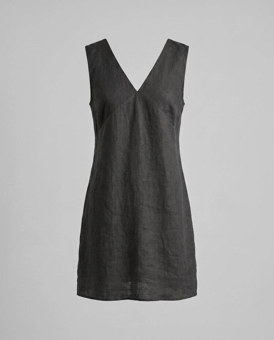 Clio Elegant Linen Dress with V-Neck in Dark Grey