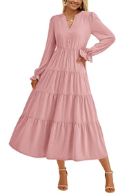 Clio Elegant Maxi Dress with V-Neck and Ruffles in Pink