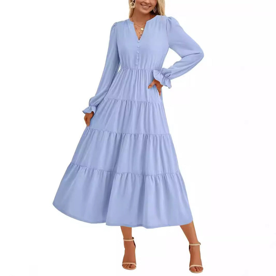Clio Elegant Maxi Dress with V-Neck and Ruffles