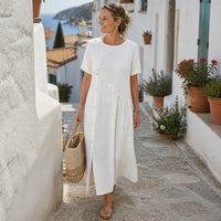 Clovaine Women's Linen Midi Dress with Button Detail