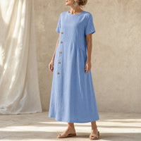 Clovaine Women's Linen Midi Dress with Button Detail