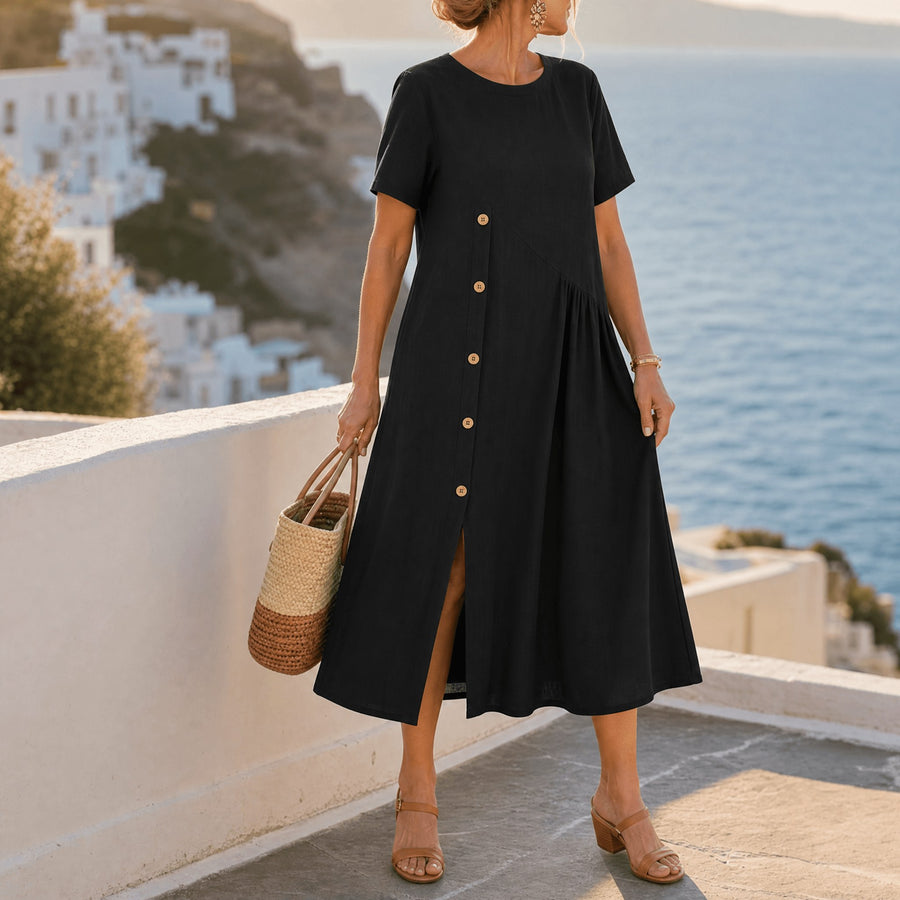 Clovaine Women's Linen Midi Dress with Button Detail in Black