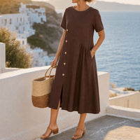 Clovaine Women's Linen Midi Dress with Button Detail in Coffee Brown