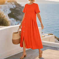 Clovaine Women's Linen Midi Dress with Button Detail in Coral
