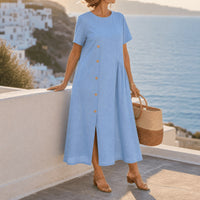 Clovaine Women's Linen Midi Dress with Button Detail in Light Blue