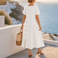 Clovaine Women's Linen Midi Dress with Button Detail in White