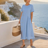 Clovaine Women's Linen Midi Dress with Button Detail