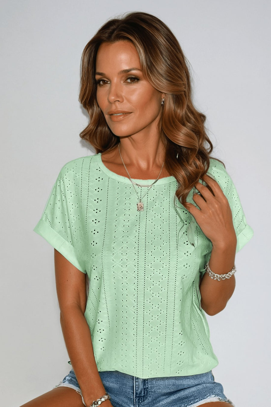 Clover Women's Eyelet Short Sleeve Top Casual Crew Neck in Green