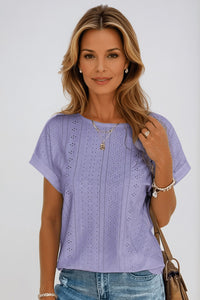 Clover Women's Eyelet Short Sleeve Top Casual Crew Neck in Purple