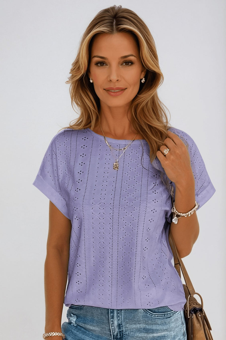 Clover Women's Eyelet Short Sleeve Top Casual Crew Neck in Purple