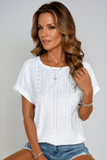Clover Women's Eyelet Short Sleeve Top Casual Crew Neck