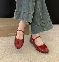 Coco Women's Mary Jane Flat Shoes Patent Strap Round Toe in Red