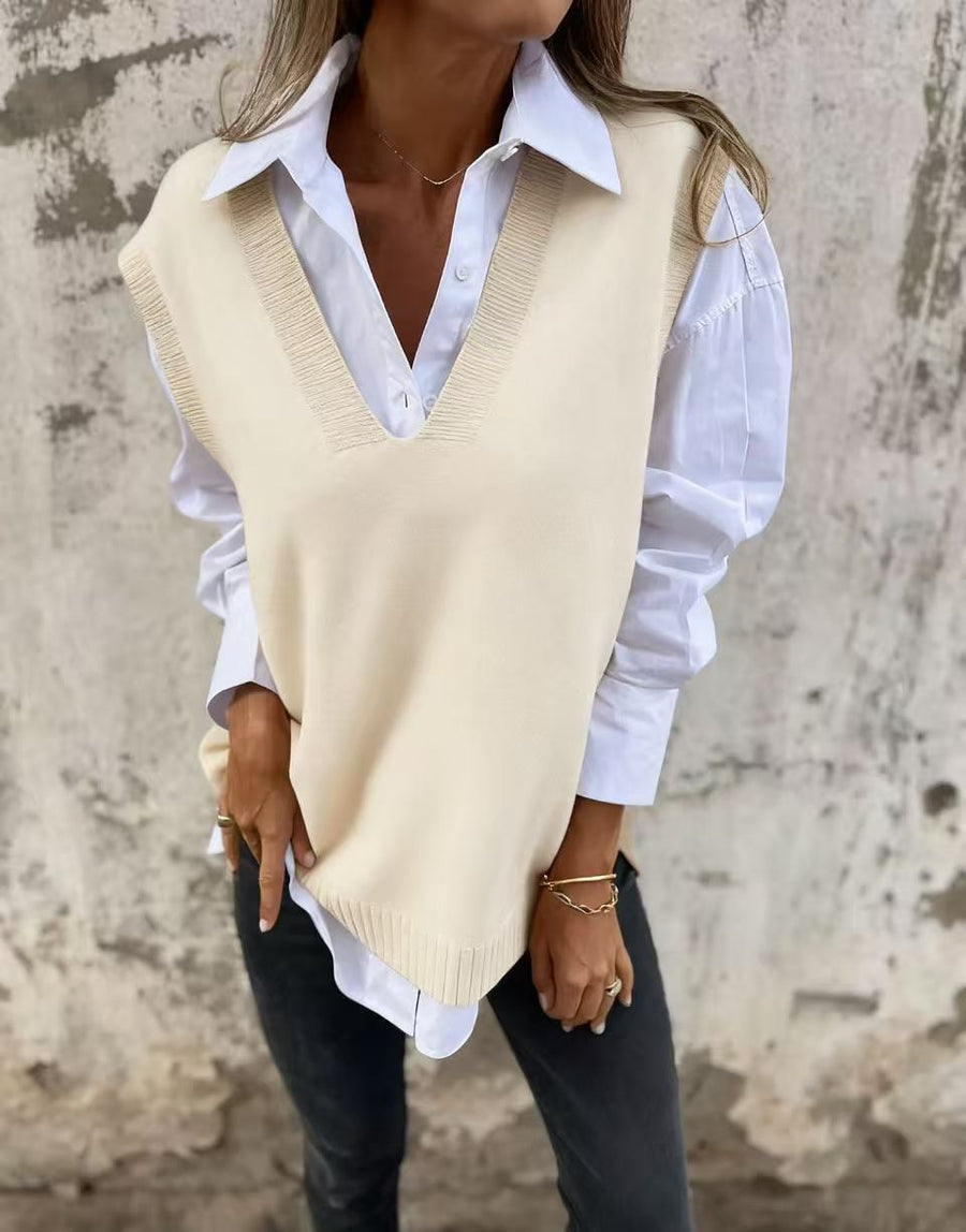 Colette Casual Knit Sweater with V-Neck in Apricot