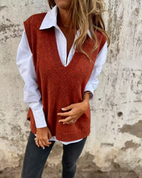 Colette Casual Knit Sweater with V-Neck in Braunrot