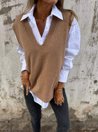 Colette Casual Knit Sweater with V-Neck in Brown