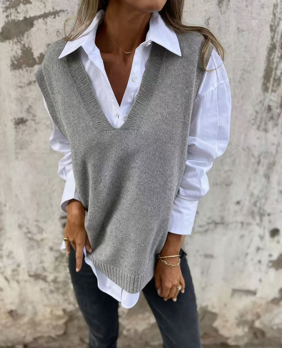 Colette Casual Knit Sweater with V-Neck in Grey