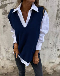 Colette Casual Knit Sweater with V-Neck in Navy
