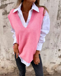 Colette Casual Knit Sweater with V-Neck in Pink