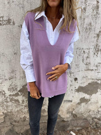 Colette Casual Knit Sweater with V-Neck in Purple