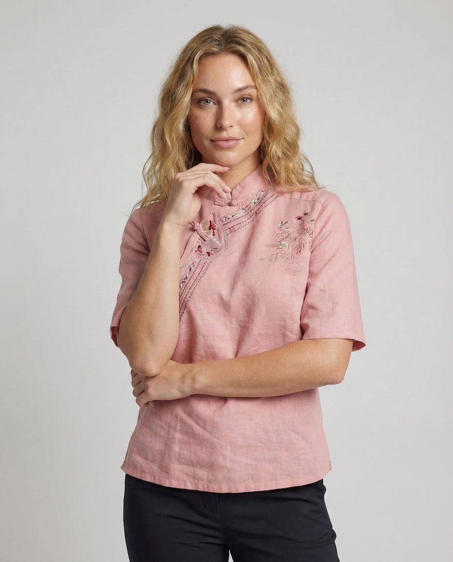 Colette Linen Blouse with Stand Collar