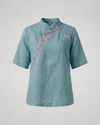 Colette Linen Blouse with Stand Collar in Green