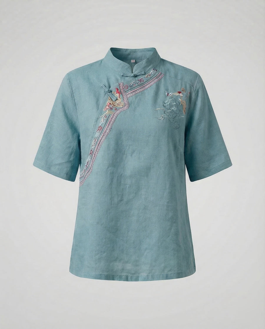 Colette Linen Blouse with Stand Collar in Green