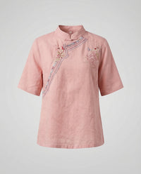 Colette Linen Blouse with Stand Collar in Pink