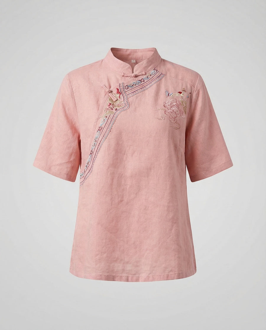 Colette Linen Blouse with Stand Collar in Pink