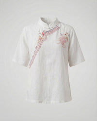 Colette Linen Blouse with Stand Collar in Turquoise