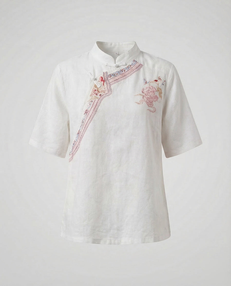 Colette Linen Blouse with Stand Collar in Turquoise