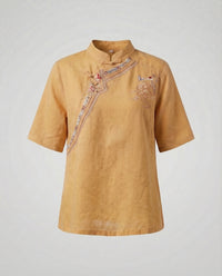 Colette Linen Blouse with Stand Collar in Yellow