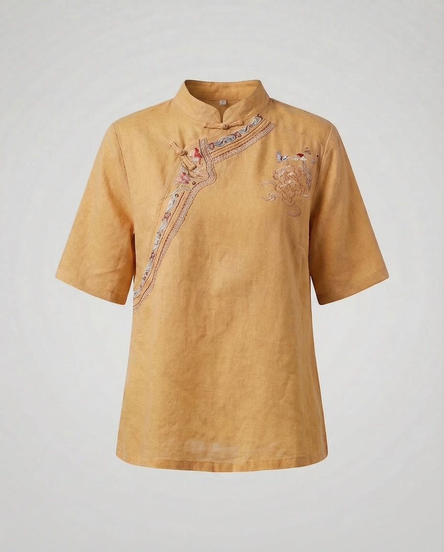 Colette Linen Blouse with Stand Collar in Yellow
