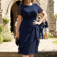 Colvara Women's Ruffle Midi Dress with Twist Waist in Navy Blue