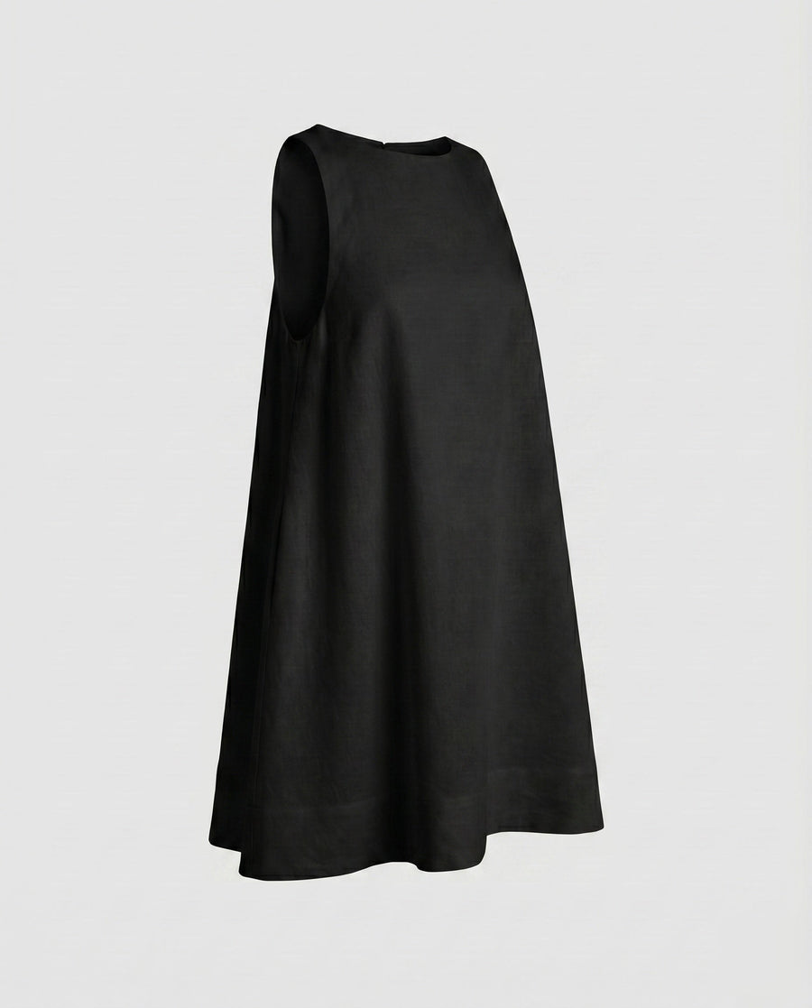 Constance Elegant Linen Dress with Sleeveless in Black