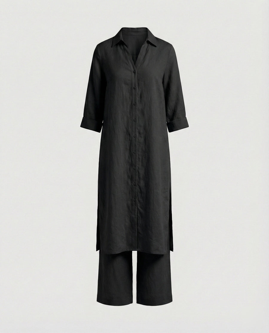Constance Linen Maxi Dress with Button Front in Black
