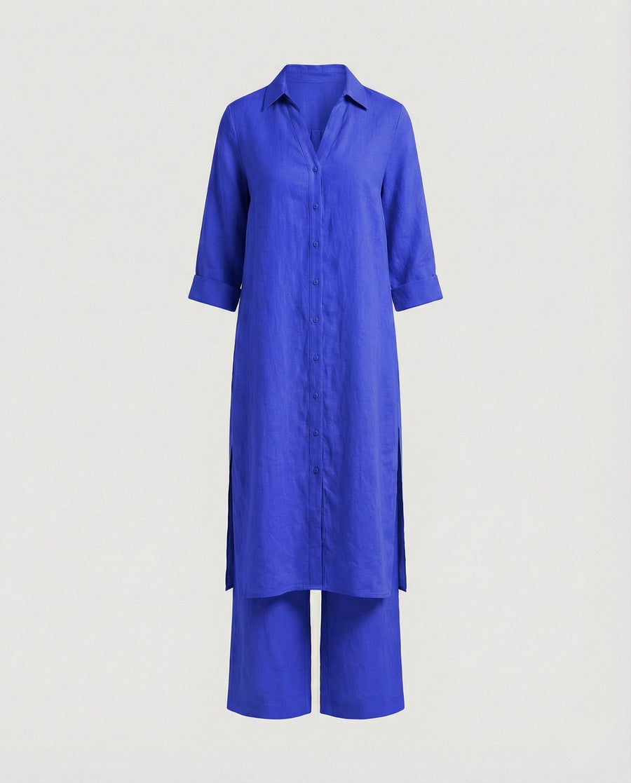 Constance Linen Maxi Dress with Button Front in Blue