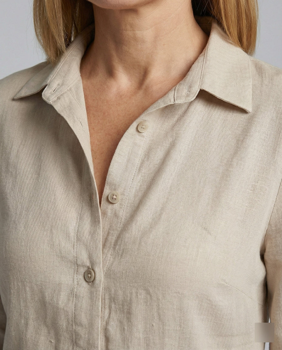 Constance Linen Maxi Dress with Button Front in Brown