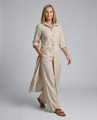 Constance Linen Maxi Dress with Button Front in Brown