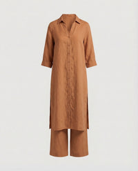 Constance Linen Maxi Dress with Button Front in Brown