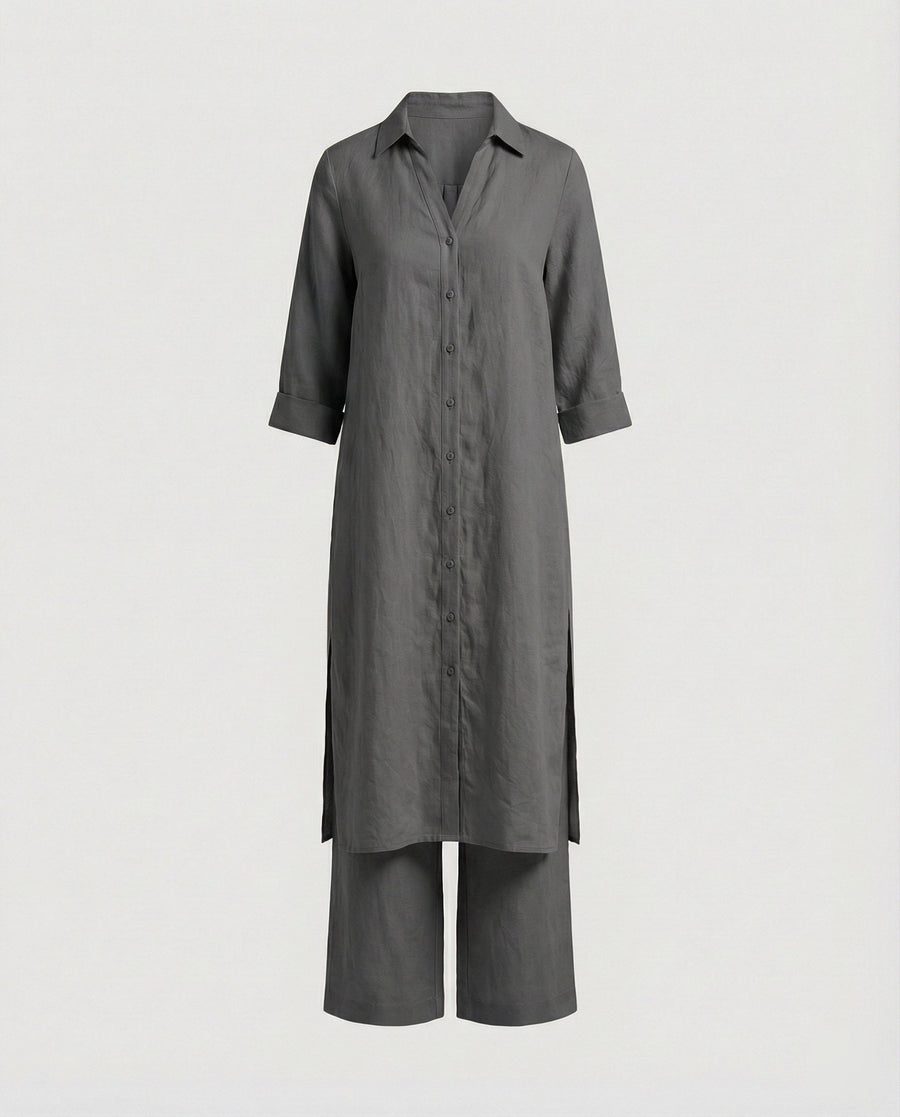 Constance Linen Maxi Dress with Button Front in Grey