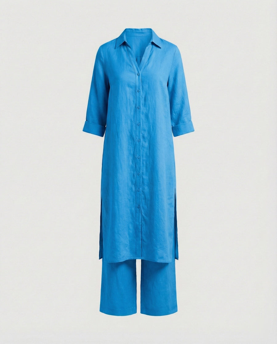 Constance Linen Maxi Dress with Button Front in Light Blue