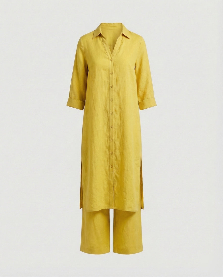 Constance Linen Maxi Dress with Button Front in Yellow