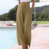 Constance Linen Trousers with Elastic Waist and Pockets in Camel