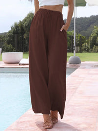 Constance Linen Trousers with Elastic Waist and Pockets in Coffee