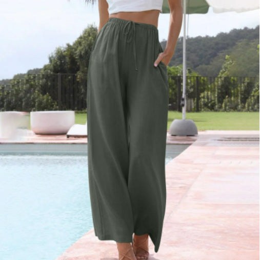 Constance Linen Trousers with Elastic Waist and Pockets in Dark Grey