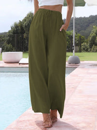 Constance Linen Trousers with Elastic Waist and Pockets in Olive Green