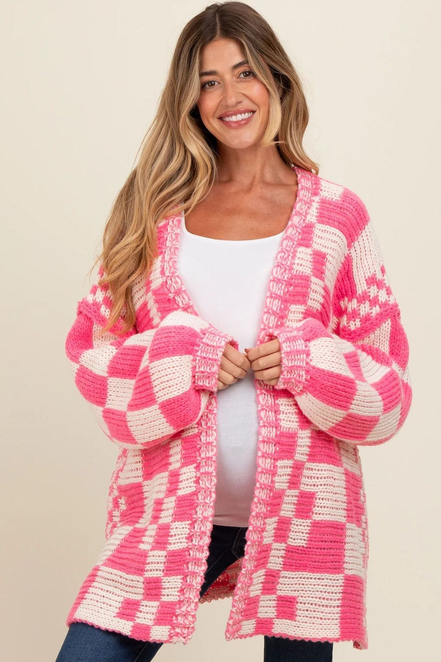 Cora Casual Knit Cardigan with Oversized in Pink