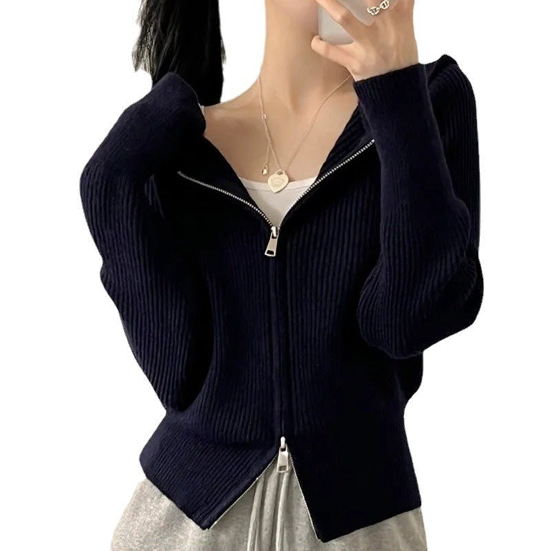 Cora Casual Knit Cardigan with Zip Front and Hood